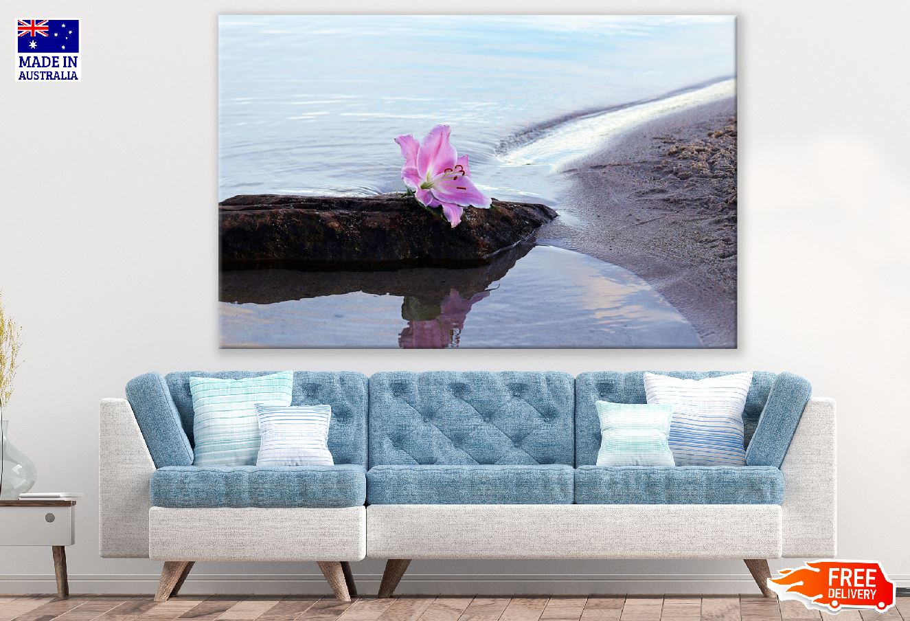 White & Pink Lily Flower on Sea Shore Photograph Print 100% Australian Made
