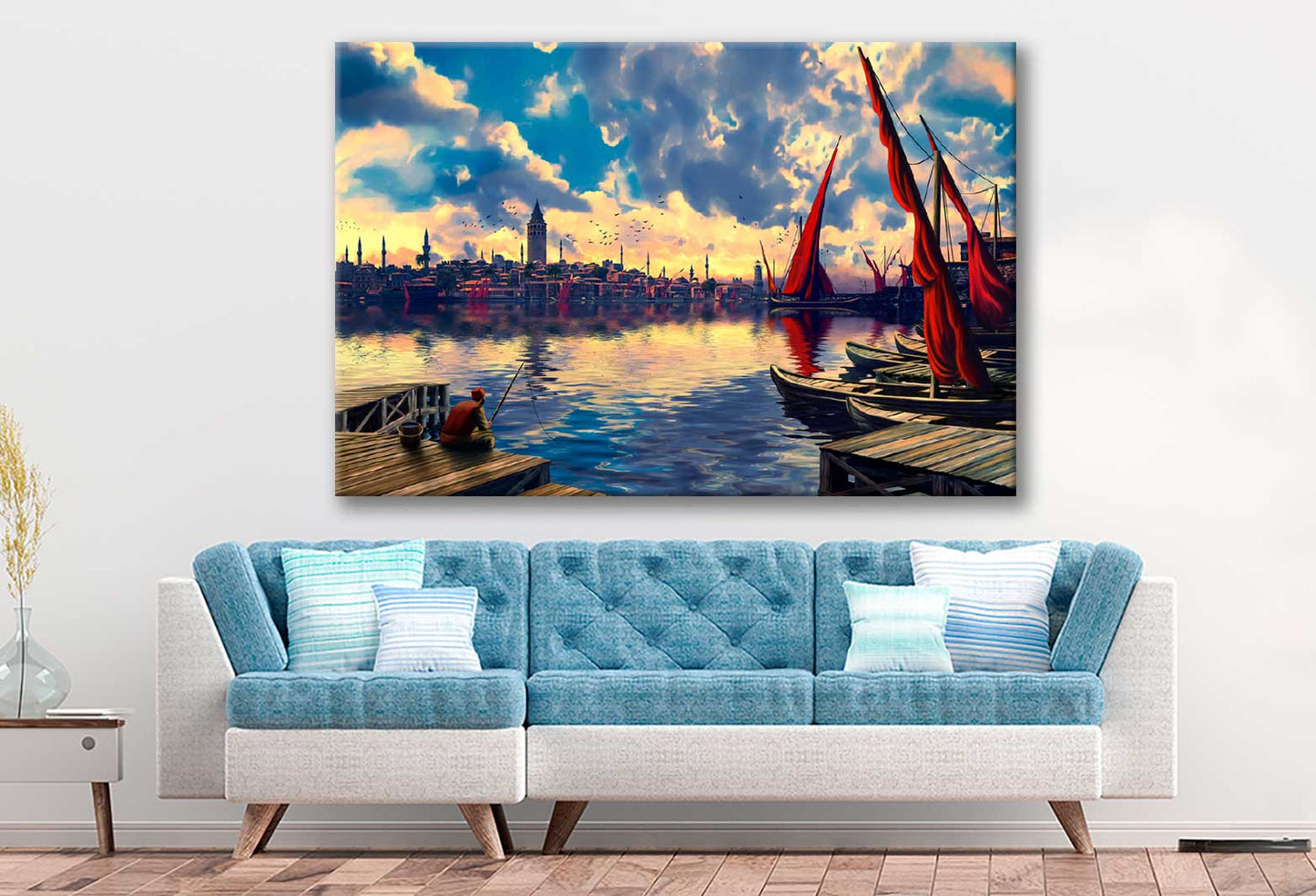 Bella Home City with Fish Boats Watercolor Print Canvas Ready to hang