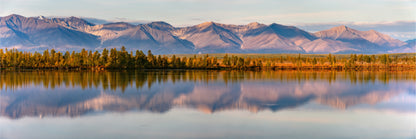 Panoramic Canvas Reflection of Mountains on a Calm Lake at Sunset Autumn Landscape View High Quality 100% Australian made wall Canvas Print ready to hang