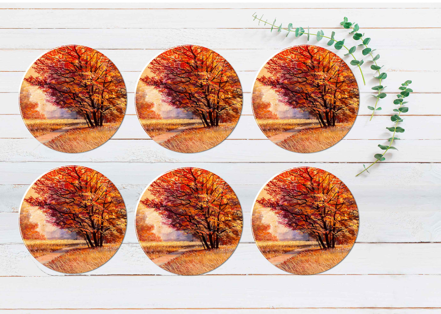 Path in The Autumn Forest Oil Painting Coasters Wood & Rubber - Set of 6 Coasters