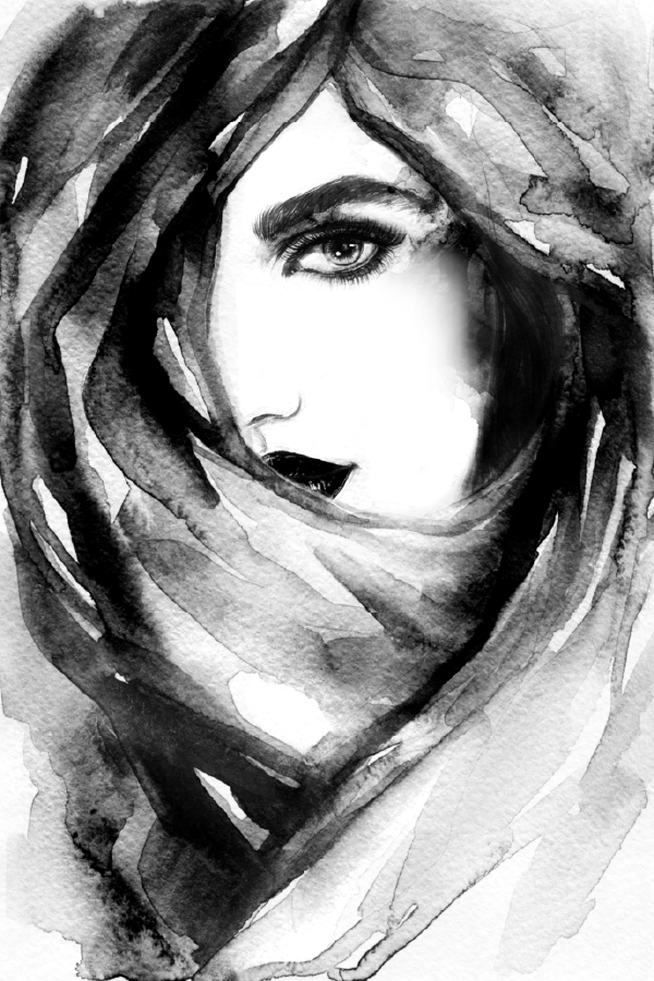 Woman Face Hiding Her Face Behind a Veil B&W Watercolor Painting Print 100% Australian Made