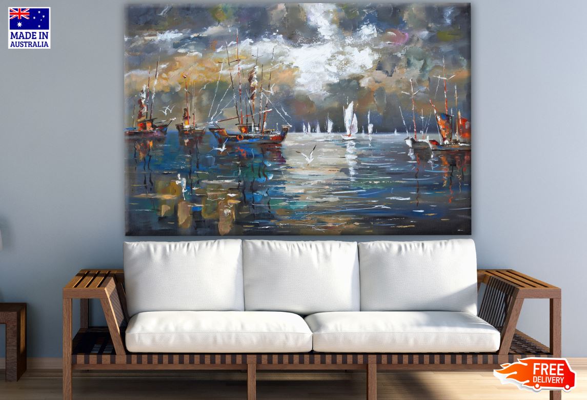 Fishing Boats on Sea Watercolor Painting Print 100% Australian Made