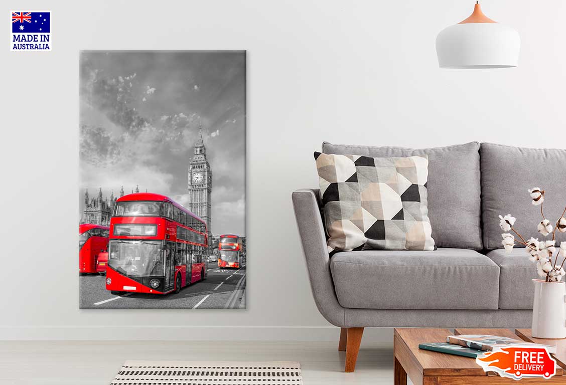 Red Buses near Bigben Tower B&W Photograph Print 100% Australian Made