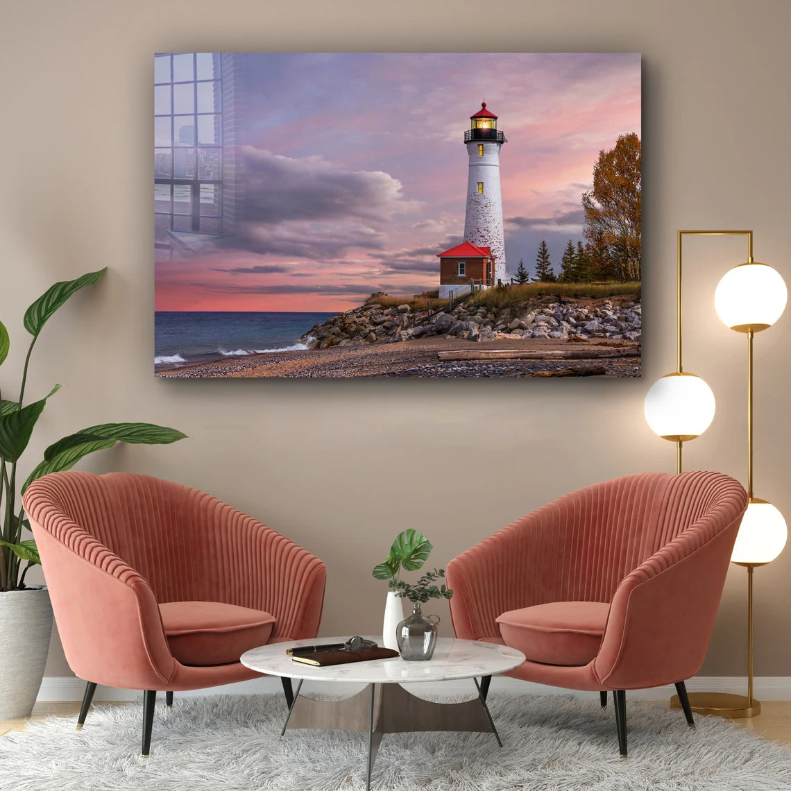 Lighthouse Pink Sunset Print Tempered Glass Wall Art 100% Made in Australia Ready to Hang