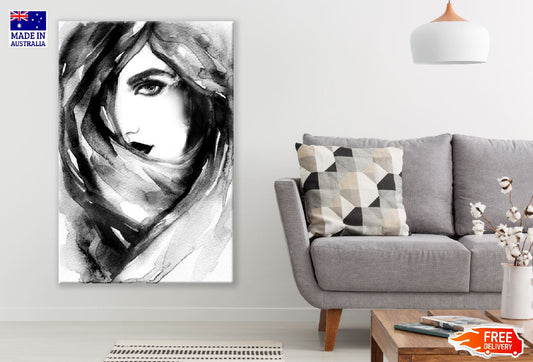 Woman Face Hiding Her Face Behind a Veil B&W Watercolor Painting Print 100% Australian Made