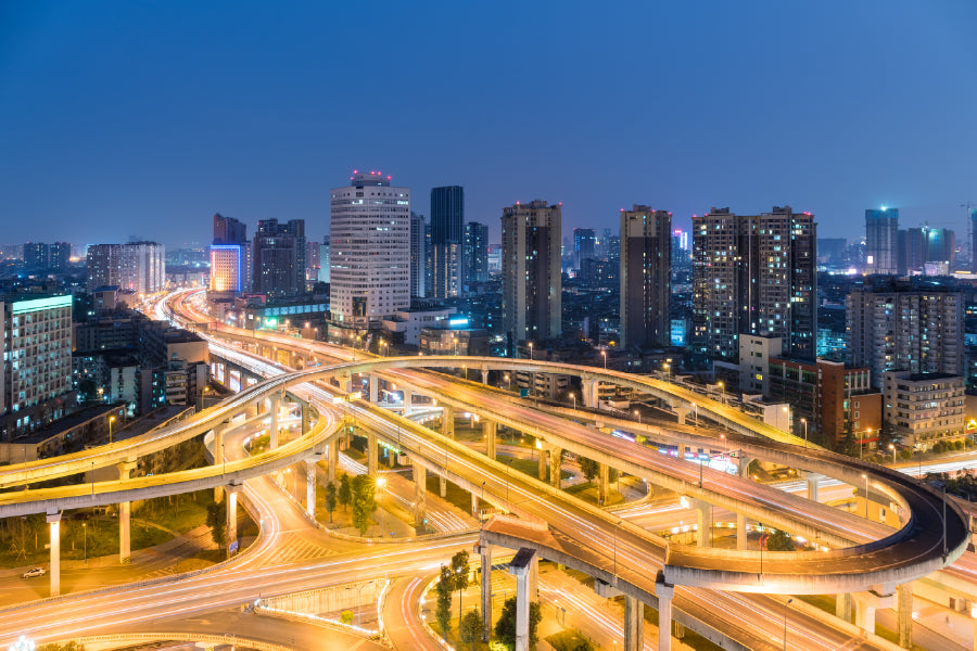 Modern City Skyline Traffic Night Photograph Print 100% Australian Made