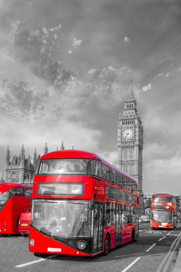 Red Buses near Bigben Tower B&W Photograph Print 100% Australian Made