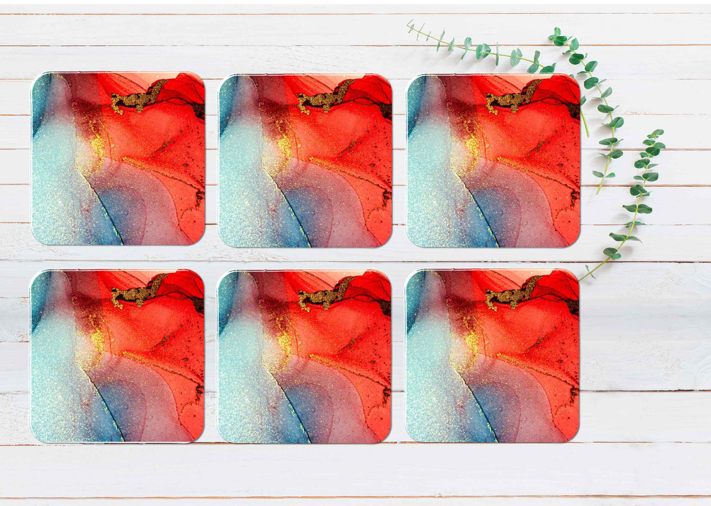 Blue Gold Splash Red Abstract Design Coasters Wood & Rubber - Set of 6 Coasters