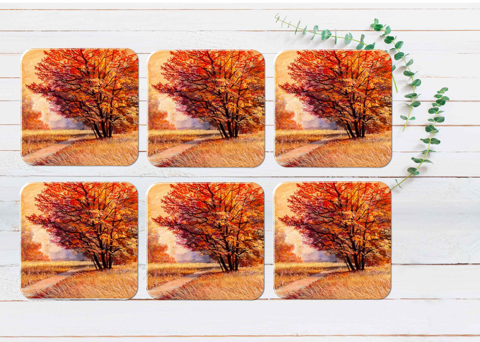 Path in The Autumn Forest Oil Painting Coasters Wood & Rubber - Set of 6 Coasters