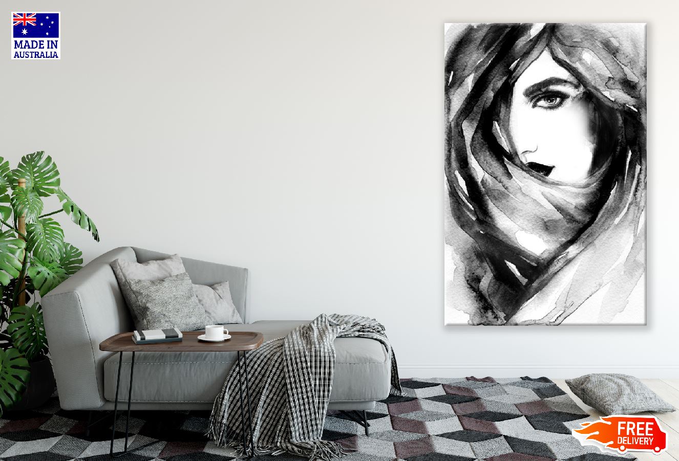 Woman Face Hiding Her Face Behind a Veil B&W Watercolor Painting Print 100% Australian Made