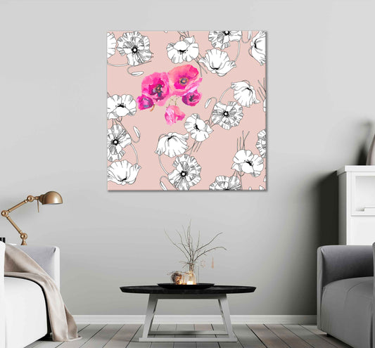 Square Canvas Pink Poppies Watercolor Painting High Quality Print 100% Australian Made