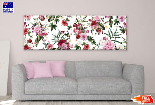 Panoramic Canvas Red & Rose Flowers Pattern Design High Quality 100% Australian Made Wall Canvas Print Ready to Hang