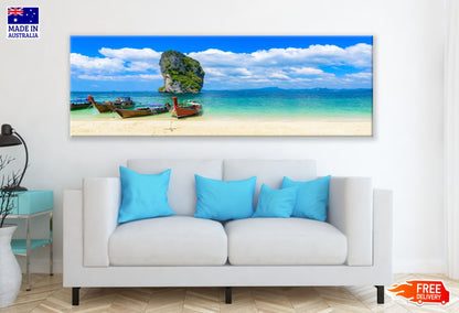 Panoramic Canvas Boats on Sea Scenery Photograph High Quality 100% Australian made wall Canvas Print ready to hang