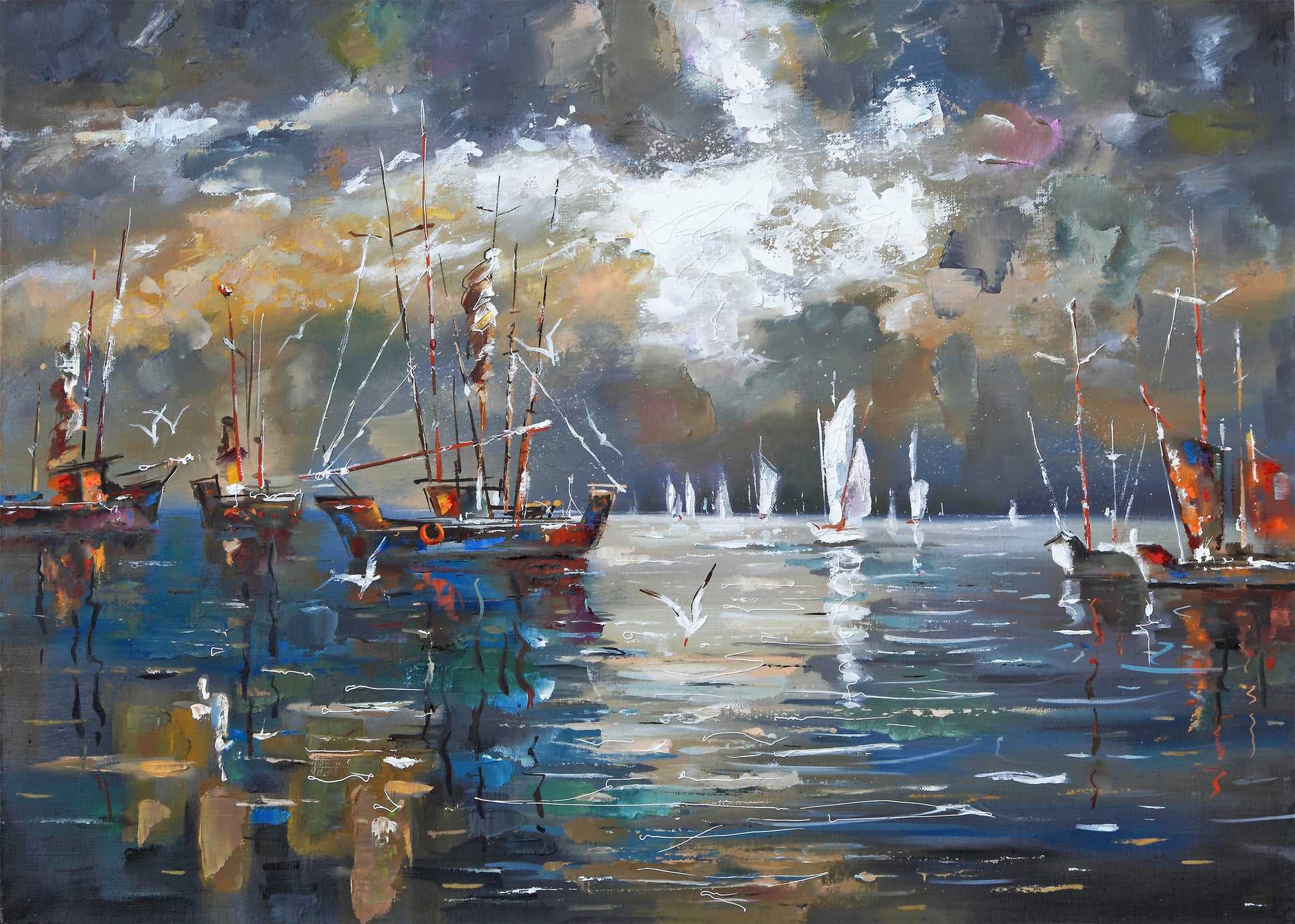 Fishing Boats on Sea Watercolor Painting Print 100% Australian Made