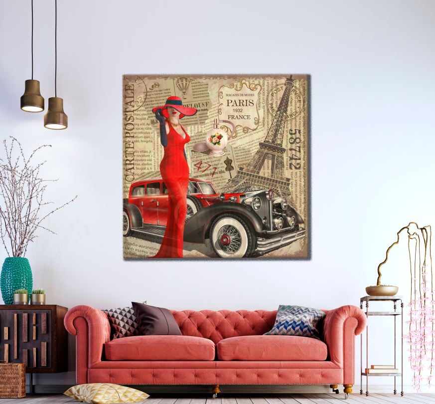 Square Canvas Fashion Woman & Car with Eiffel Tower Vintage Art High Quality Print 100% Australian Made