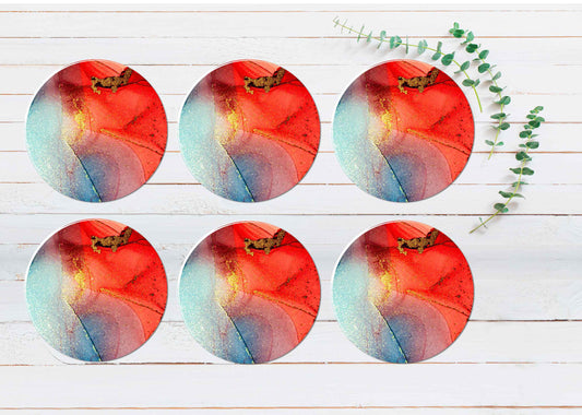 Blue Gold Splash Red Abstract Design Coasters Wood & Rubber - Set of 6 Coasters