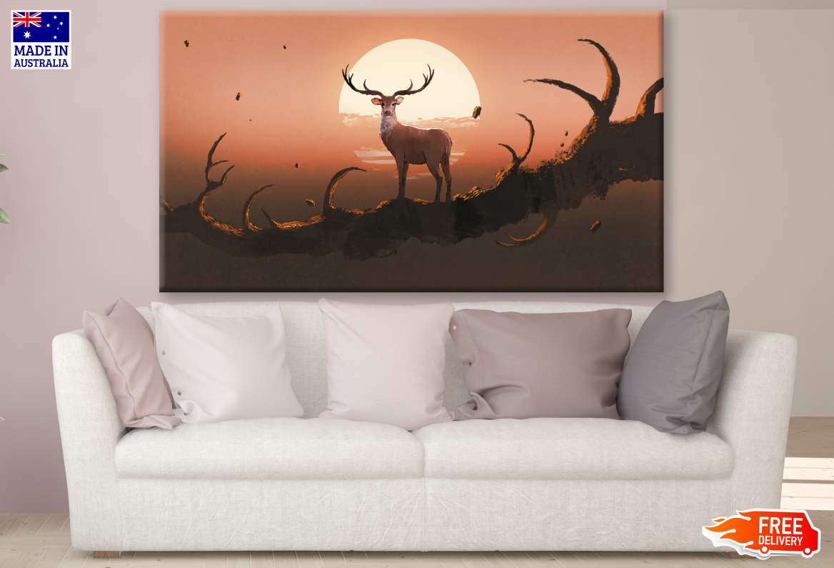 Deer Standing on a Giant Branch Sunset Painting Print 100% Australian Made