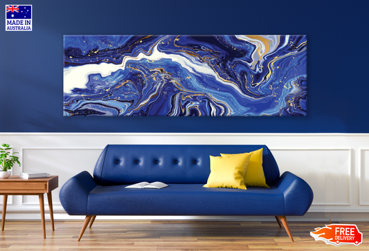 Panoramic Canvas Colourful Blue, White & Gold Abstract Design High Quality 100% Australian made wall Canvas Print ready to hang