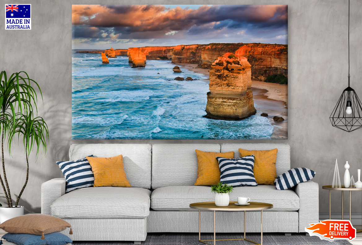 Sunset on Limestone Rocks & Stunning Beach Print 100% Australian Made