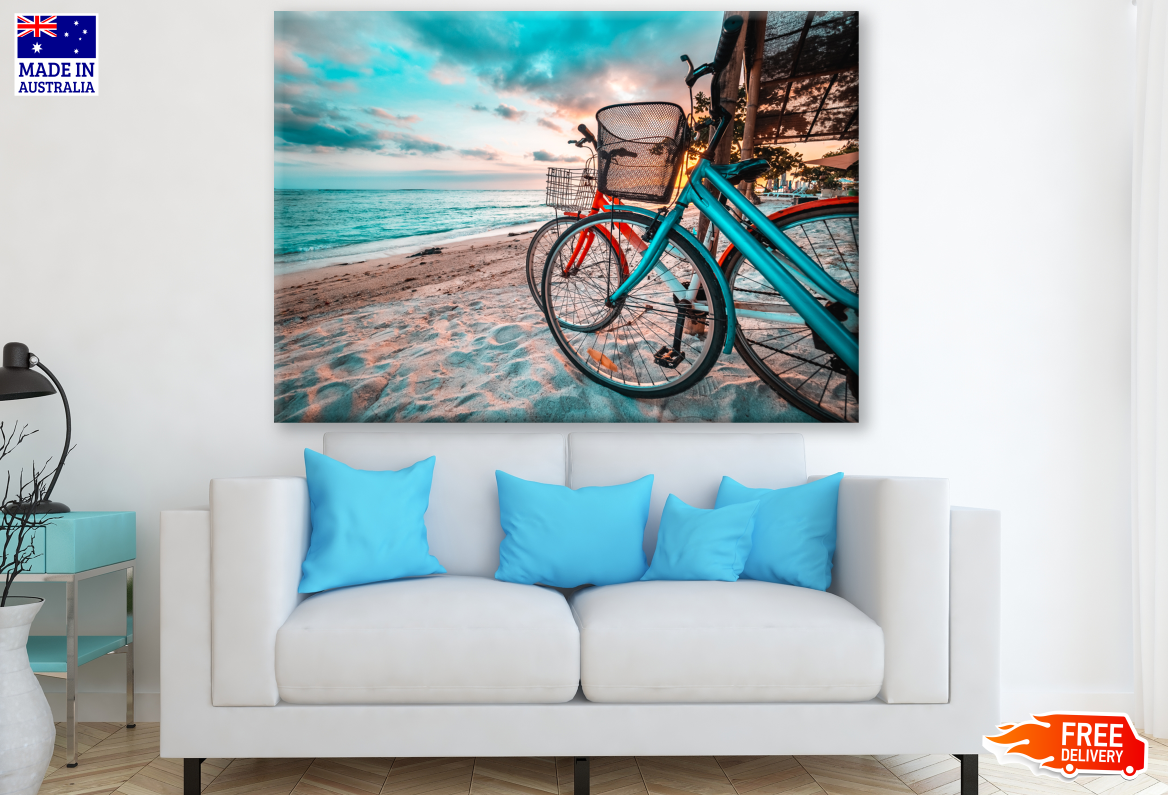 Bicycles in a Tropical Beach at Sunset Photograph Print 100% Australian Made