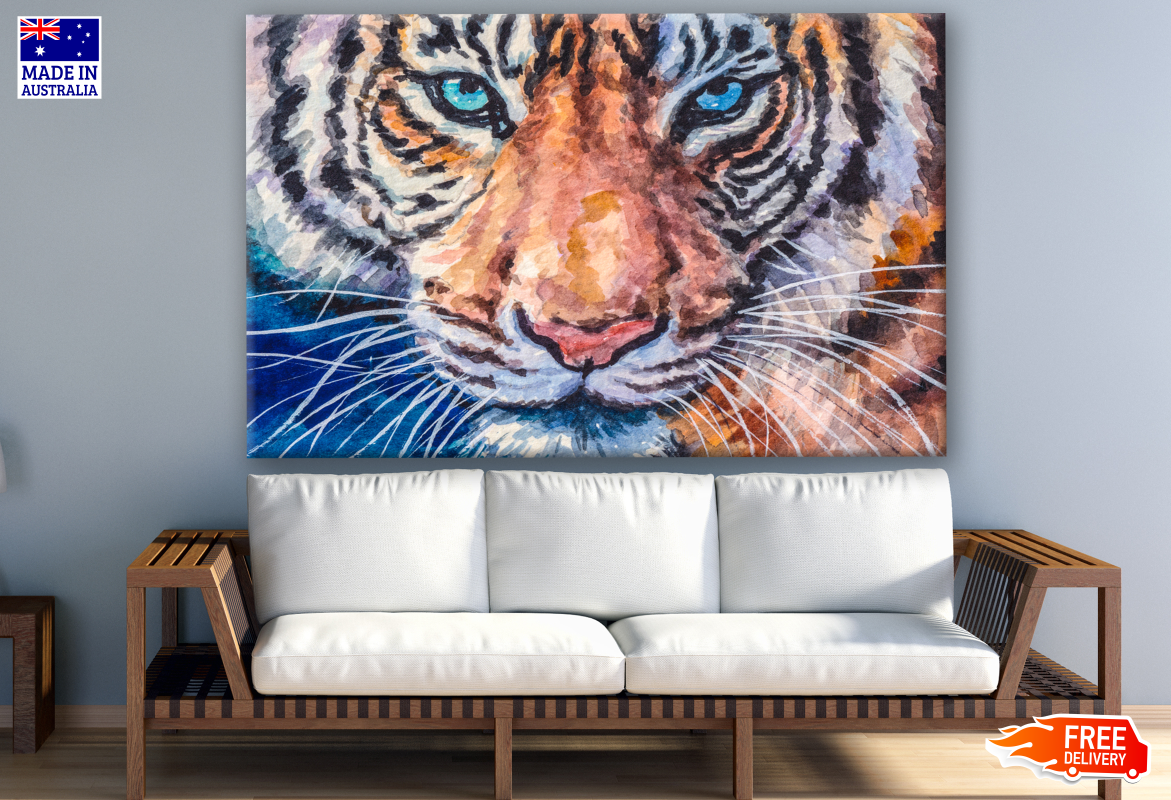 Blue Eyes Tiger Face Portrait Painting Print 100% Australian Made