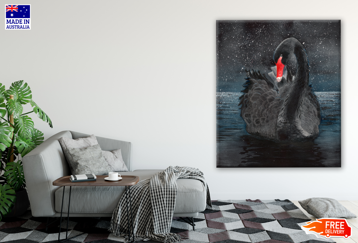 Black Swan on Lake Painting Print 100% Australian Made