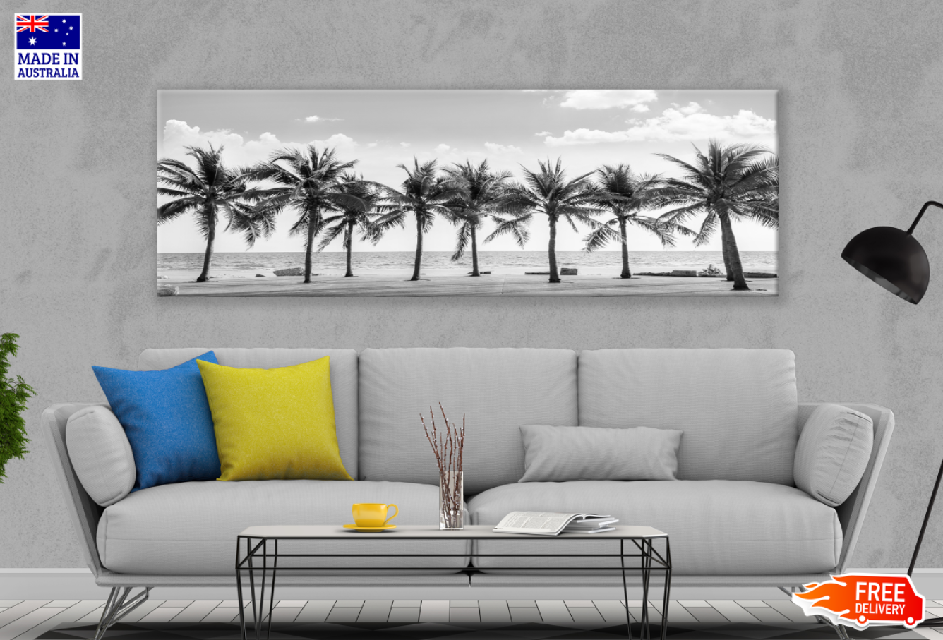 Panoramic Canvas Palm Trees B&W View High Quality 100% Australian Made Wall Canvas Print Ready to Hang