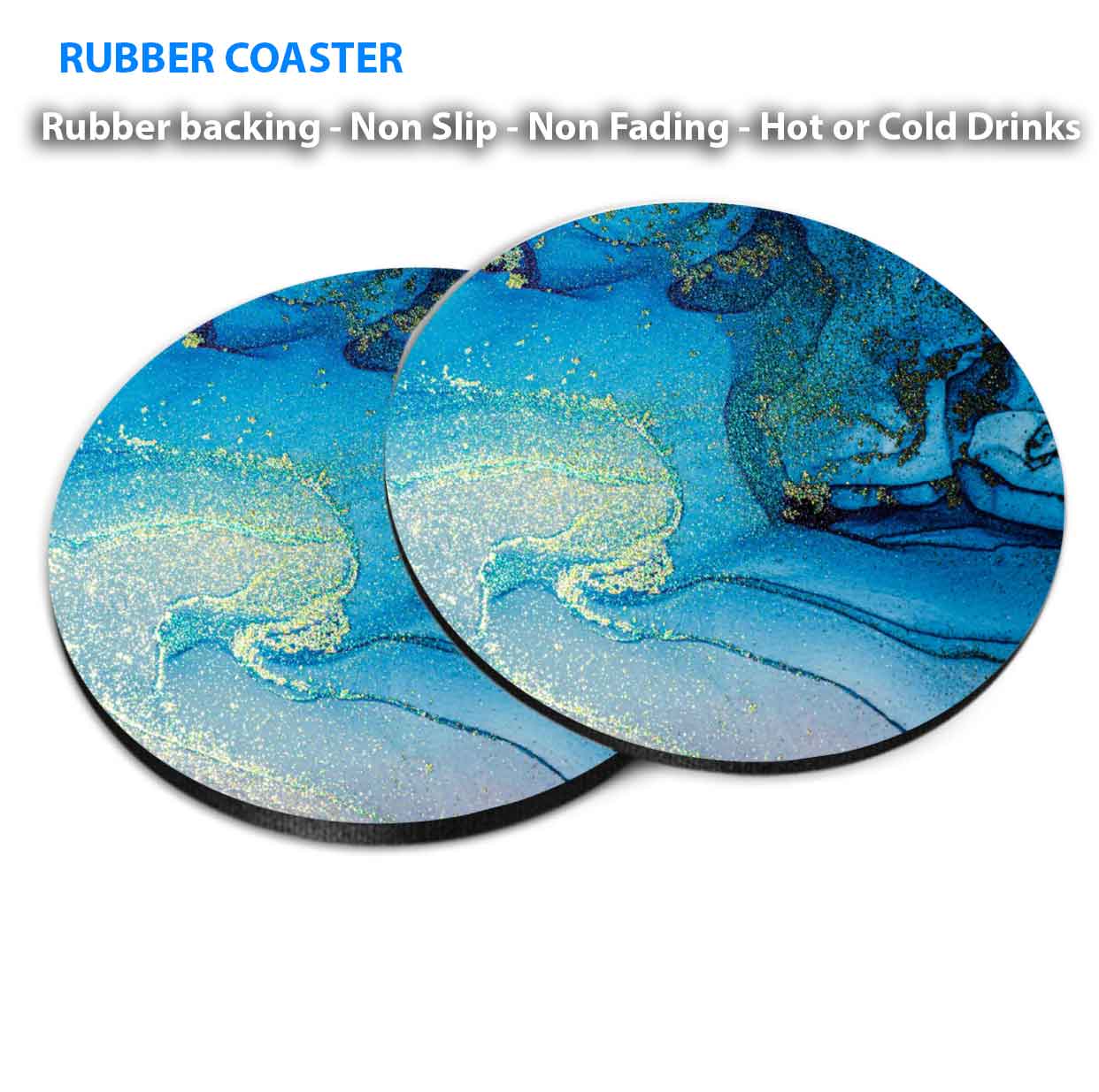 Gold Splash & Blue Ink Abstract Coasters Wood & Rubber - Set of 6 Coasters