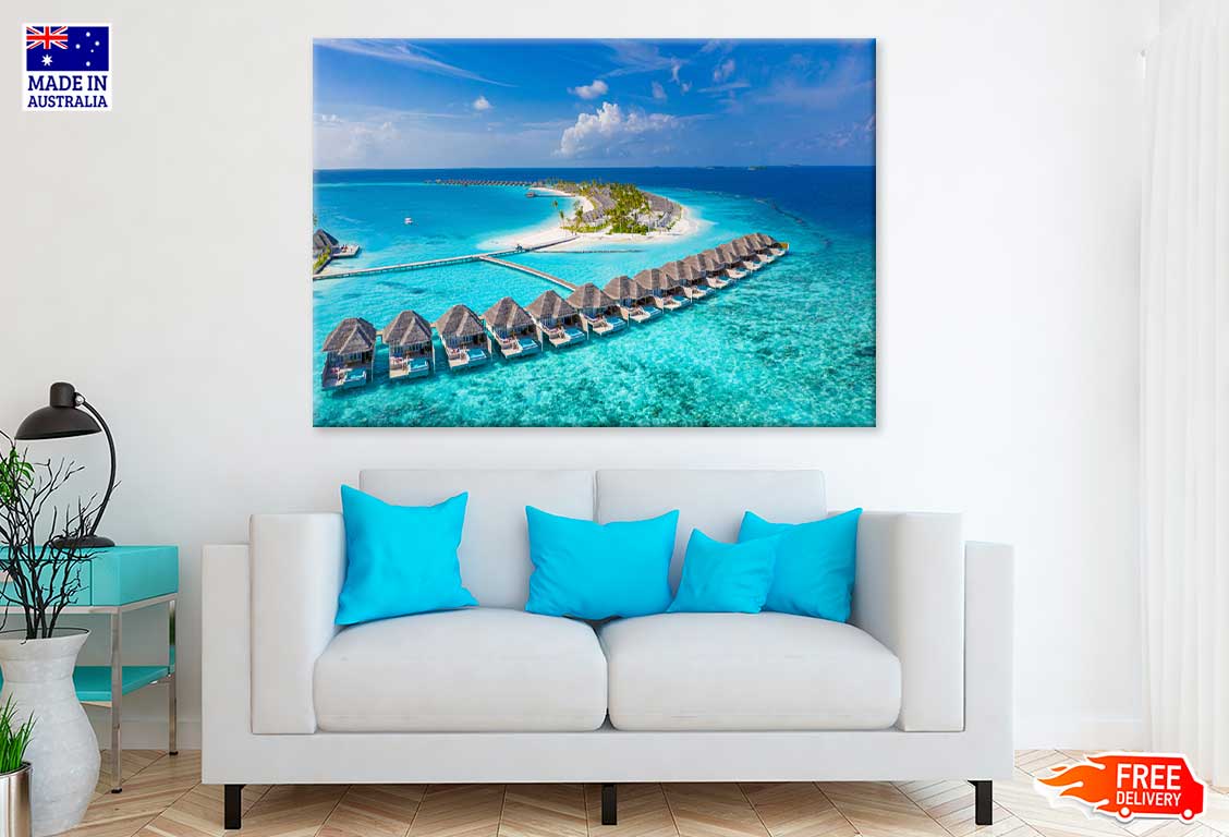 Maldives Paradise Scenery with Long Jetty Photograph Print 100% Australian Made