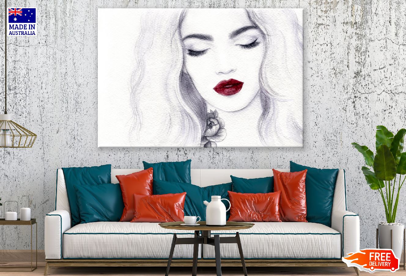 Makeup Woman Face with Red Lips B&W Watercolor Painting Print 100% Australian Made