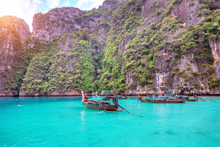 Boats with Cliffs on Maya Bay View Photograph Print 100% Australian Made