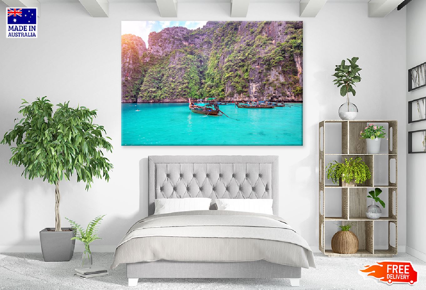 Boats with Cliffs on Maya Bay View Photograph Print 100% Australian Made