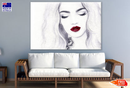 Makeup Woman Face with Red Lips B&W Watercolor Painting Print 100% Australian Made