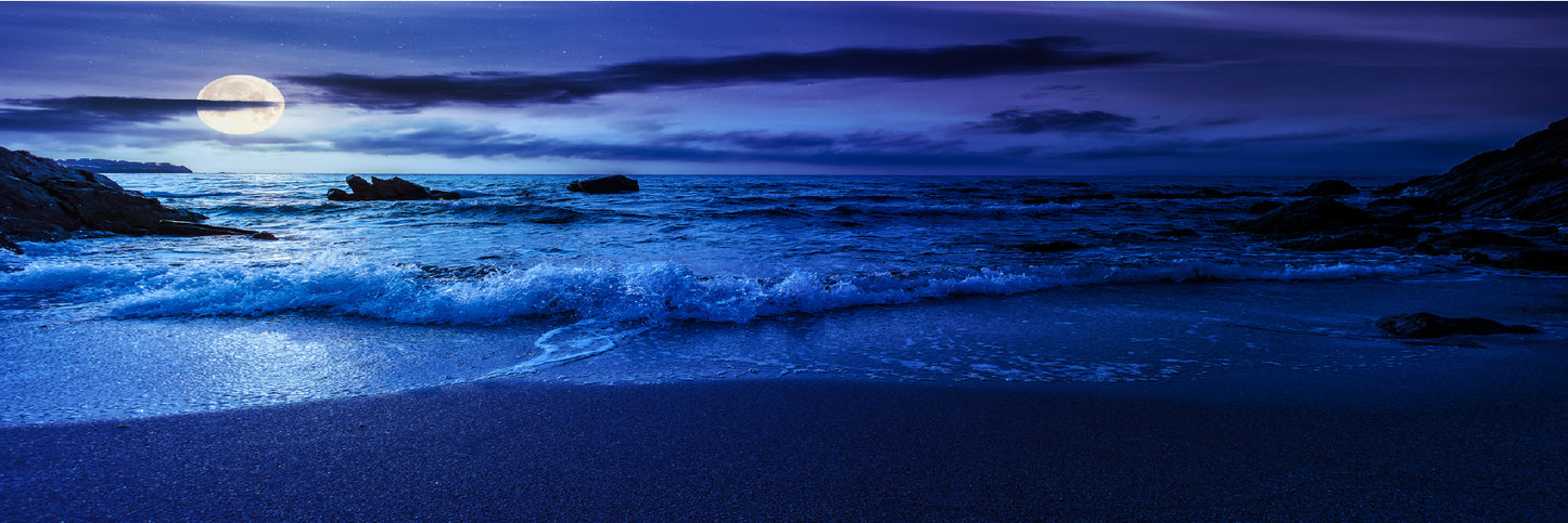 Panoramic Canvas Full Moon Empty Sea Photograph High Quality 100% Australian Made Wall Canvas Print Ready to Hang