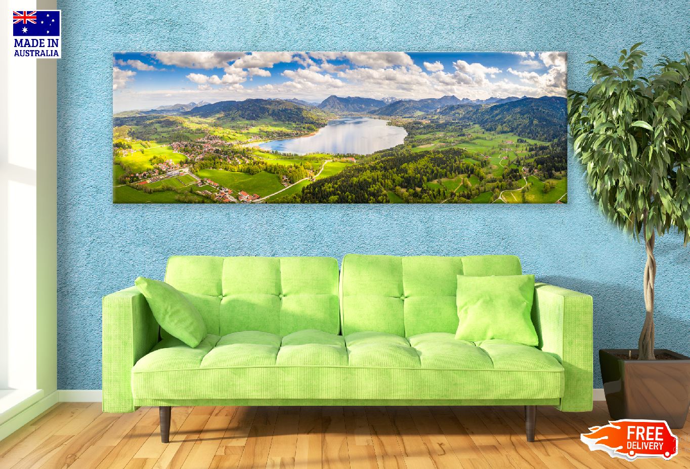 Panoramic Canvas Field River Aerial View Scenery High Quality 100% Australian Made Wall Canvas Print Ready to Hang