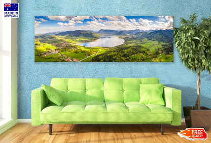 Panoramic Canvas Field River Aerial View Scenery High Quality 100% Australian Made Wall Canvas Print Ready to Hang