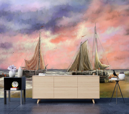 Wallpaper Murals Peel and Stick Removable Boats on Beach Watercolor Painting High Quality