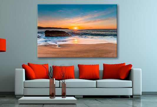 Bella Home Rocks near Sand Beach Sunset View Print Canvas Ready to hang