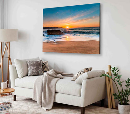 Bella Home Rocks near Sand Beach Sunset View Print Canvas Ready to hang