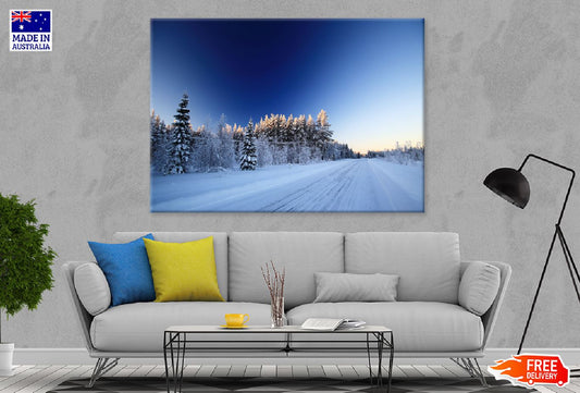 Snow Covered Road with Trees View Photograph Print 100% Australian Made