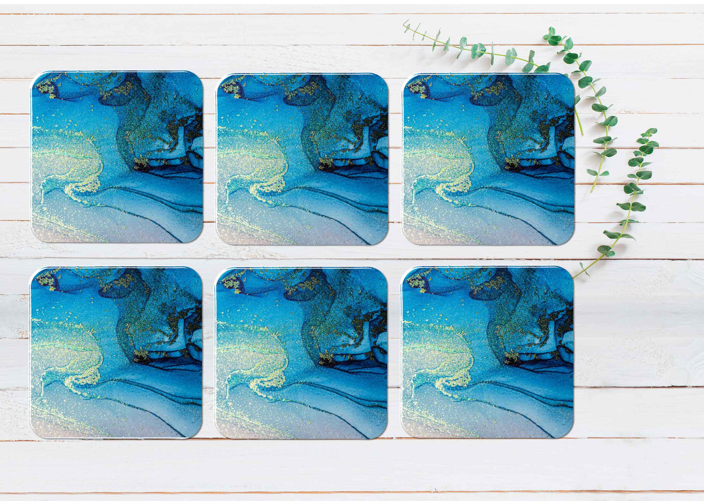 Gold Splash & Blue Ink Abstract Coasters Wood & Rubber - Set of 6 Coasters