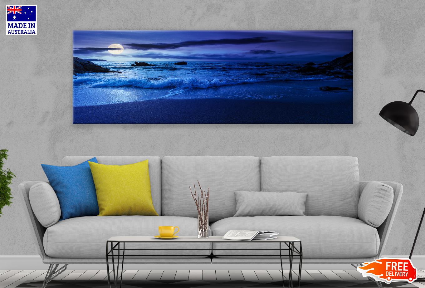 Panoramic Canvas Full Moon Empty Sea Photograph High Quality 100% Australian Made Wall Canvas Print Ready to Hang