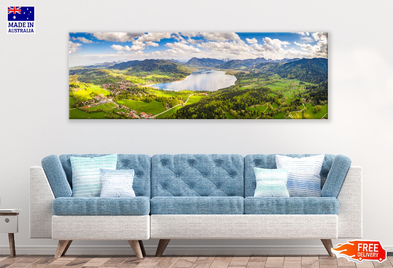 Panoramic Canvas Field River Aerial View Scenery High Quality 100% Australian Made Wall Canvas Print Ready to Hang