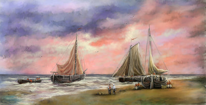 Wallpaper Murals Peel and Stick Removable Boats on Beach Watercolor Painting High Quality