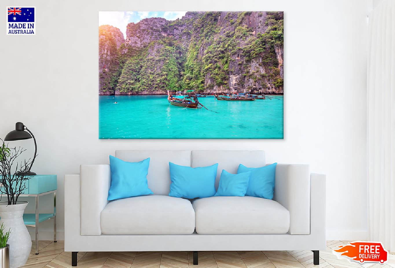 Boats with Cliffs on Maya Bay View Photograph Print 100% Australian Made