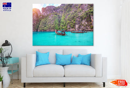 Boats with Cliffs on Maya Bay View Photograph Print 100% Australian Made