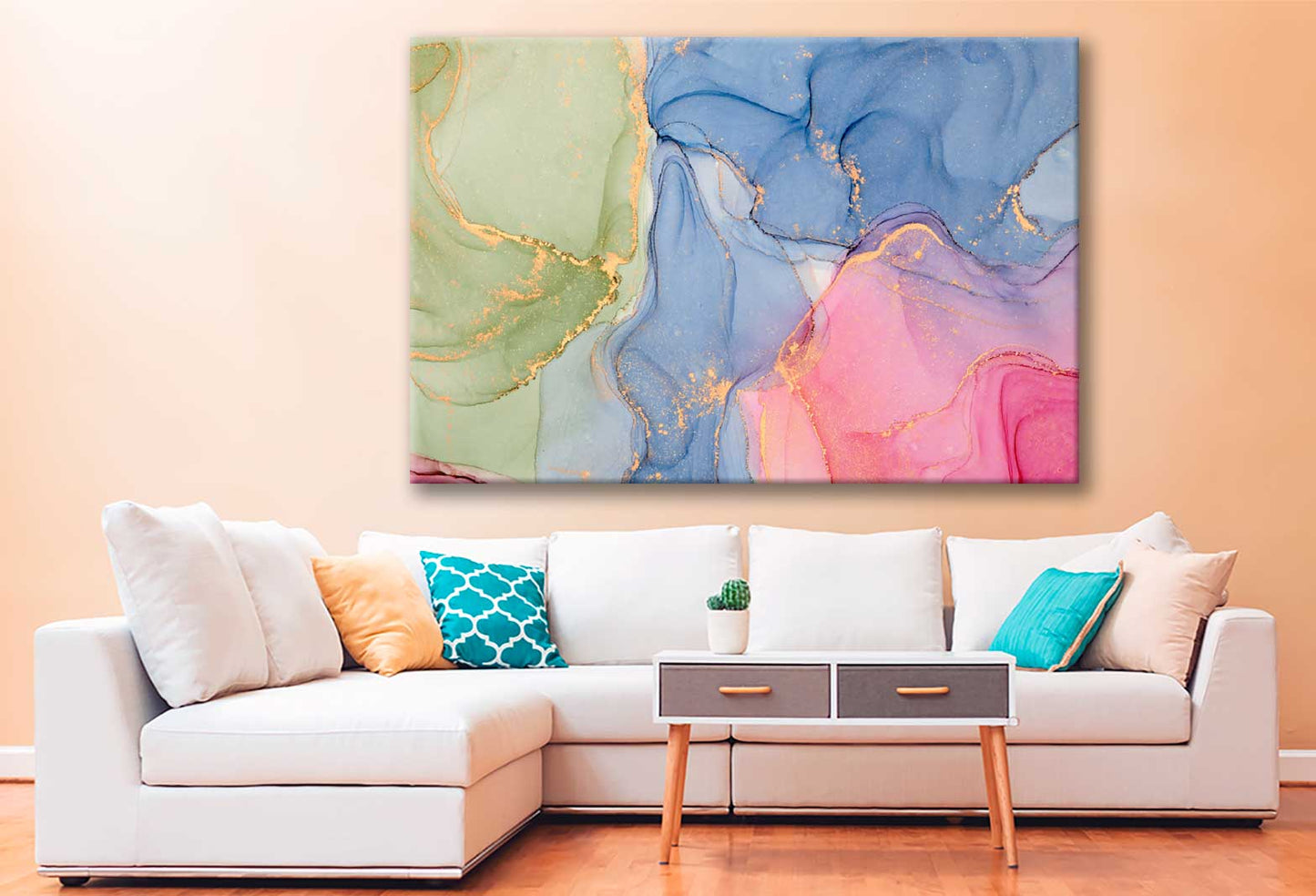 Bella Home Green Blue Pink & Gold Abstract Print Canvas Ready to hang
