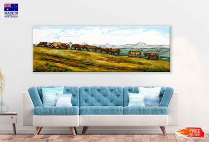 Panoramic Canvas Maleny Australia Cows Eating High Quality 100% Australian Made Wall Canvas Print Ready to Hang