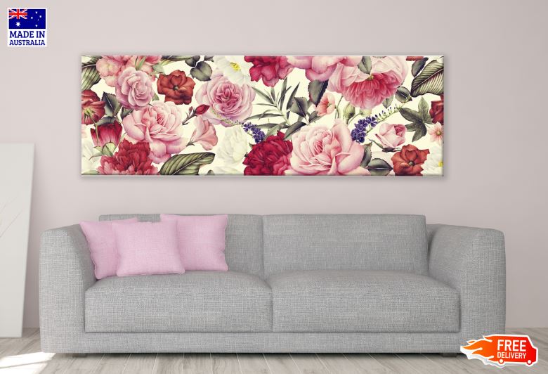 Panoramic Canvas Red & Rose Flowers Pattern Design High Quality 100% Australian Made Wall Canvas Print Ready to Hang