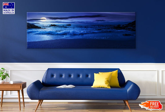 Panoramic Canvas Full Moon Empty Sea Photograph High Quality 100% Australian Made Wall Canvas Print Ready to Hang
